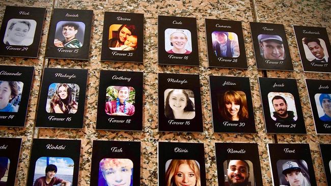 Portraits on ‘The Faces of Fentany’" wall, which displays photos of Americans who died from a fentanyl overdose, at the Drug Enforcement Administration (DEA) headquarters in Arlington, Virginia. Picture: AFP