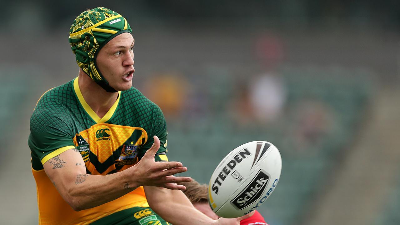 Kalyn Ponga of the Kangaroos offloads during the International Test match between the Australian Junior Kangaroos and France at WIN Stadium on October 25, 2019 in Wollongong, Australia. (Photo by Mark Metcalfe/Getty Images)