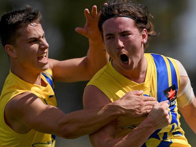 JetsÃ Kyle Borg and Harrison White celebrate a goal during the NAB League boys match between Calder Cannons v Western Jets in Craigieburn, Saturday, March 27, 2021. Picture: Andy Brownbill