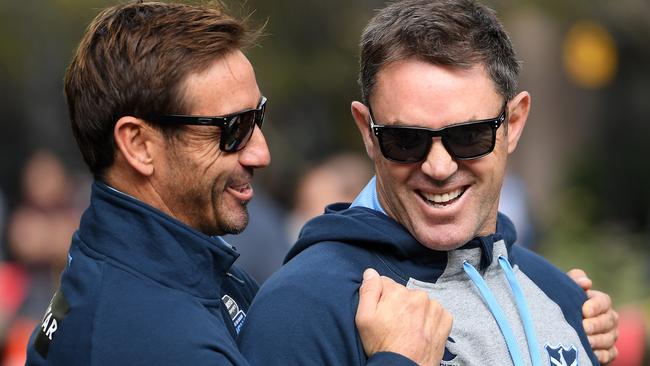 Brad Fittler and Andrew Johns. AAP Image/Dan Himbrechts.