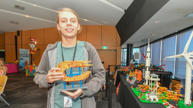 Ballina Lego master builder Coopa Donnelly, 15, showcasing the Ballina Big Prawn among many other creations, at the Ballina Brick Event in the Ballina RSL Club on Sunday, April 16.