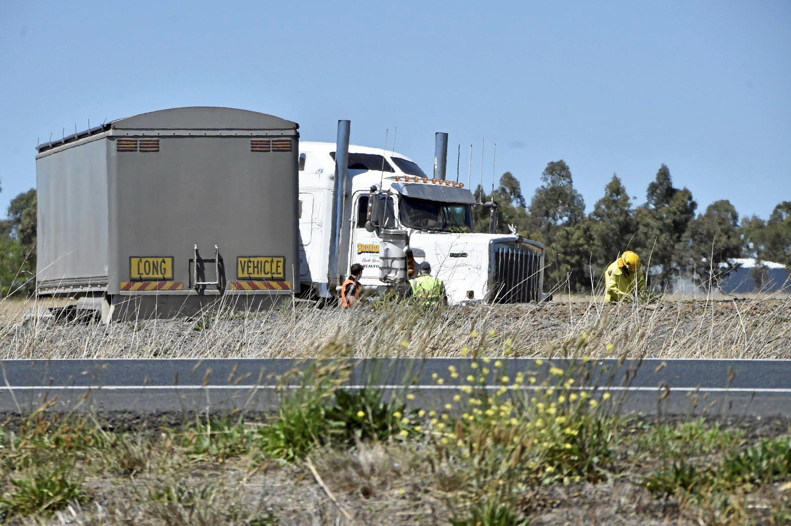 Fatal crash, involving a truck and two cars on Warrego Highway at the intersection Brimblecombe Road. September 2018. Picture: Bev Lacey