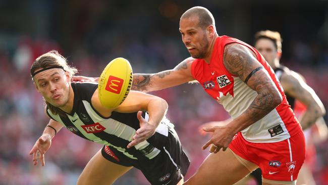 Lance Franklin tries to close down Lance Franklin in round 22. Picture: Jason McCawley/AFL Photos/via Getty Images