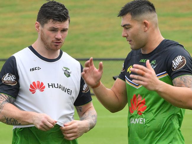 NRL team The Canberra Raiders train at Sunshine Coast Stadium. John Bateman and Nick Cotric discuss tactics or what they'll have for dinner. Photo: John McCutcheon / Sunshine Coast Daily