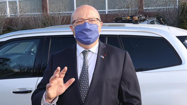 Ambassador Jean-Pierre Thebault outside the French Embassy in Canberra on Saturday after he was recalled over the cancelled submarine contract. Picture: Gary Ramage