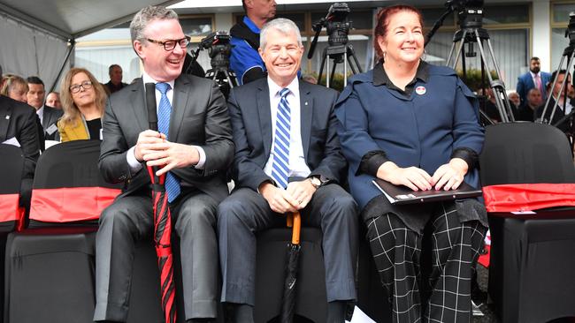 Christopher Pyne, Senator David Fawcett and Minister for Defence Industry Melissa Price are seen at the official opening of the Supashock Headquarters in Holden Hill in 2019 Picture: David Mariuz