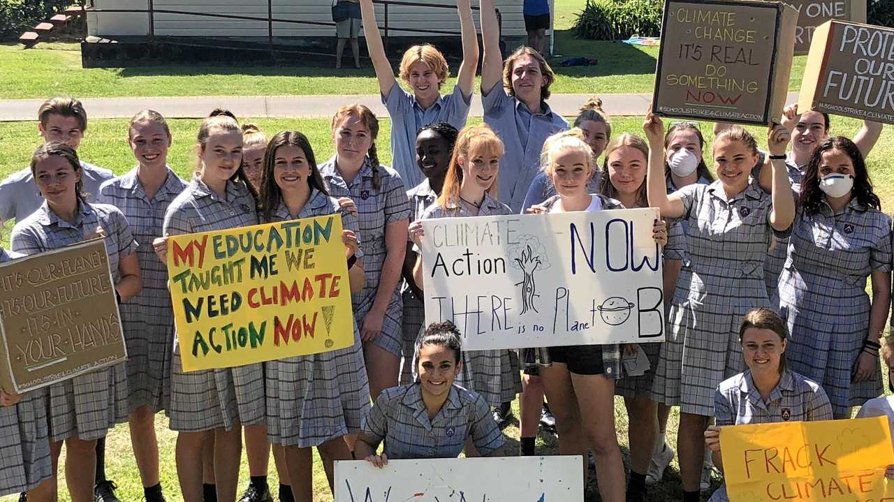 Students from Trinity Catholic College aged gathered at Spinks Park for the nationwide School Strike for Climate Action. Coast students are set to strike on Friday. Picture: Sophie Moeller