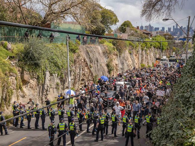 Tensions ran high after protesters faced off with police at a gorge on Barkers Rd. Picture: Jason Edwards