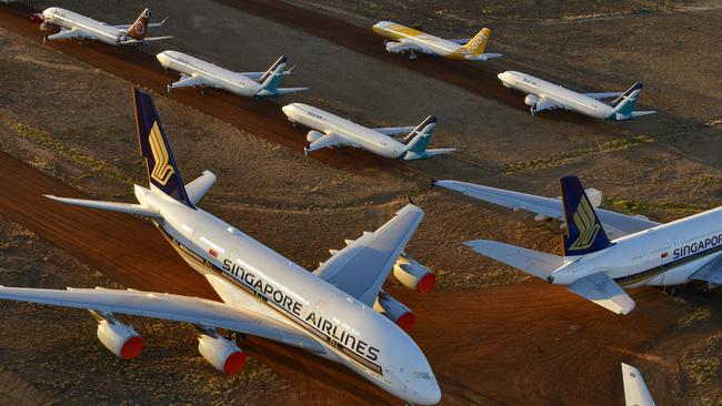 Grounded aeroplanes which include Airbus A380s, Boeing MAX 8s and other smaller aircrafts are seen at the Asia Pacific Aircraft Storage facility on May 15, 2020 in Alice Springs, Australia. (Photo by Steve Strike/Getty Images)