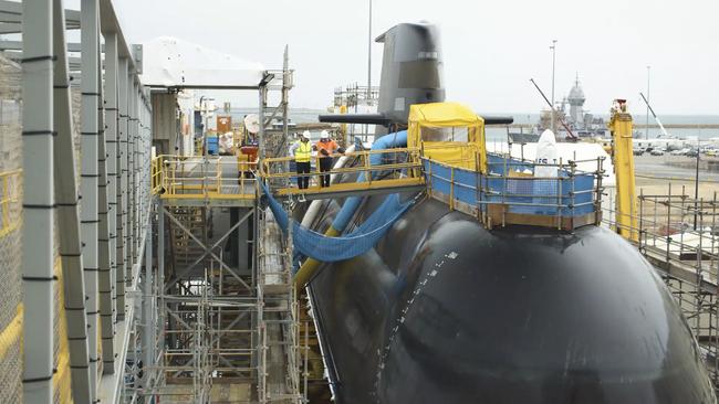 A Collins-class submarine undergoes maintenance at Western Australia’s Henderson Marine Complex.