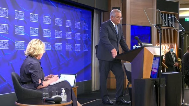 Scott Morrison listens to Laura Tingle’s question. Picture: ABC