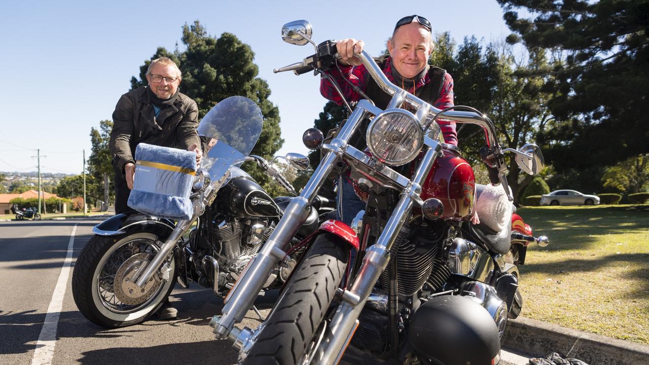 Scott Browning (left) with his Yamaha Road Star and Brian Zwoerner with his Harley-Davidson Softail on the Huggie Bear Memorial Toowoomba Blanket Run organised by Downs Motorcycle Sporting Club. Picture: Kevin Farmer