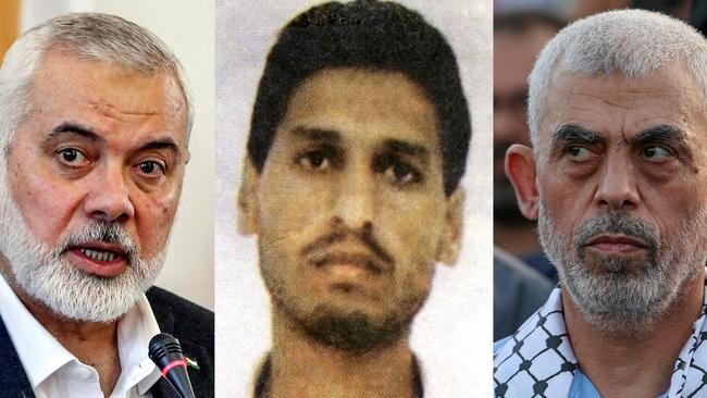 (Left to right: Hamas leaders Ismail Haniyeh,, Mohammed Deif and Yahya Sinwar. Picture: AFP