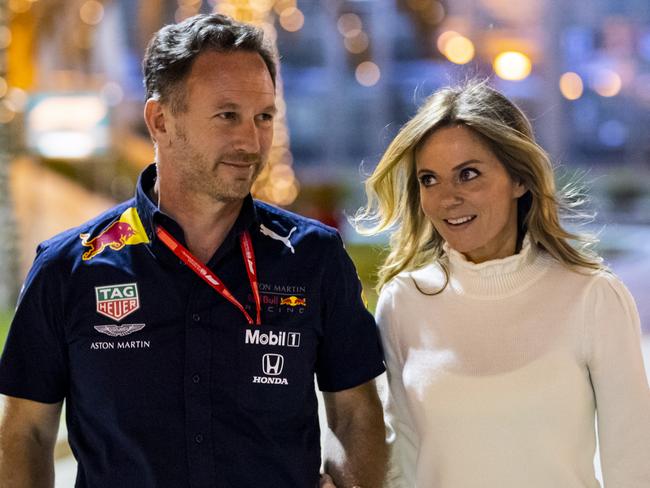 BAHRAIN, BAHRAIN - MARCH 29: Red Bull Racing Team Principal Christian Horner and his wife Geri walk in the Paddock after practice for the F1 Grand Prix of Bahrain at Bahrain International Circuit on March 29, 2019 in Bahrain, Bahrain. (Photo by Mark Thompson/Getty Images)