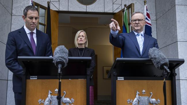 Anthony Albanese with Jim Chalmers and Katy Gallagher at Parliament House after the jobs summit. Picture: NCA NewsWire / Gary Ramage