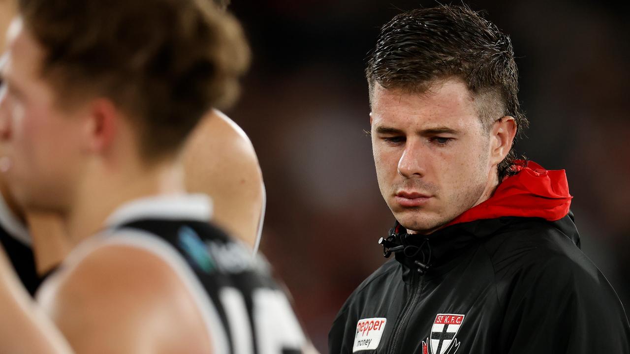 MELBOURNE, AUSTRALIA - MAY 14: Jack Higgins of the Saints looks on after being subbed out of the match with concussion during the 2022 AFL Round 09 match between the St Kilda Saints and the Geelong Cats at Marvel Stadium on May 14, 2022 in Melbourne, Australia. (Photo by Michael Willson/AFL Photos via Getty Images)