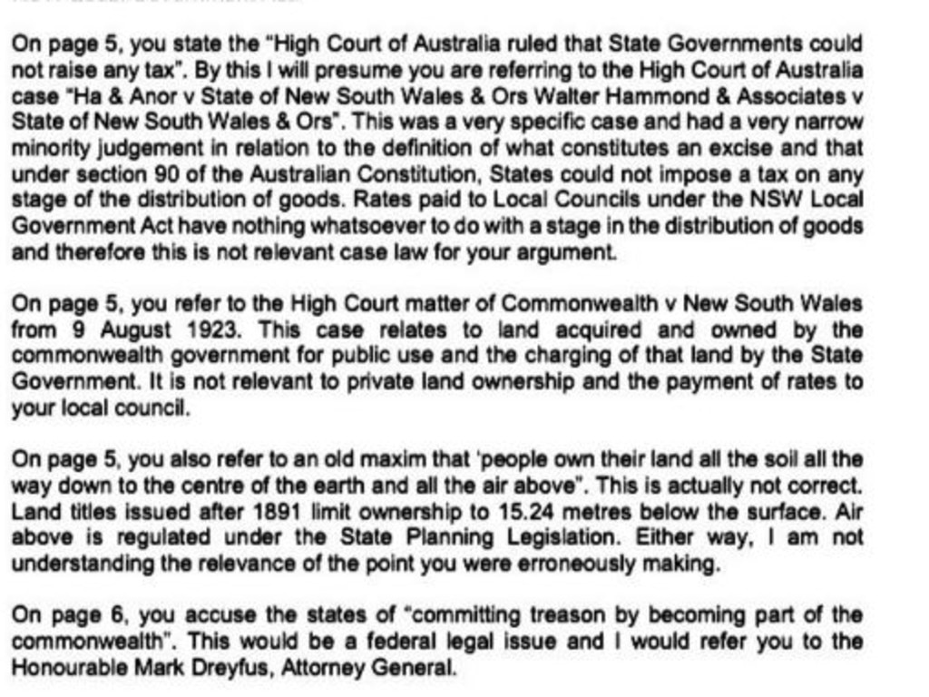 Ruthless: The civil servant systematically addressed all of the ratepayer’s false claims in their letter. Picture: Twitter