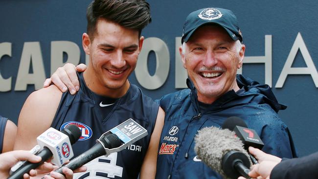 Mick Malthouse with the Blues’ top pick in 2014, Blaine Boekhorst.