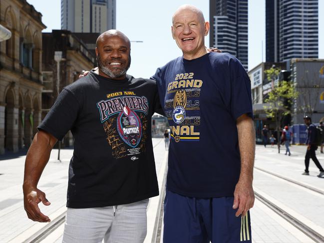 Rhys Wesser with Parramatta Eels legend Peter Wynn. Picture: Richard Dobson