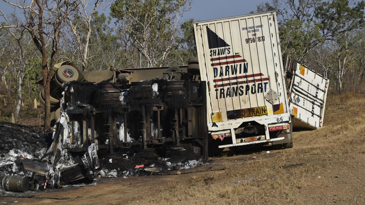 Part of the road train tipped in the collision. Picture: Sierra Haigh