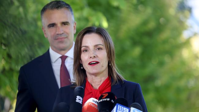 Premier Peter Malinauskas and Labor Candidate for Dunstan Cressida O'Hanlon media conference ahead of tomorrow's by-election in Norwood. Picture: NCA NewsWire / Kelly Barnes