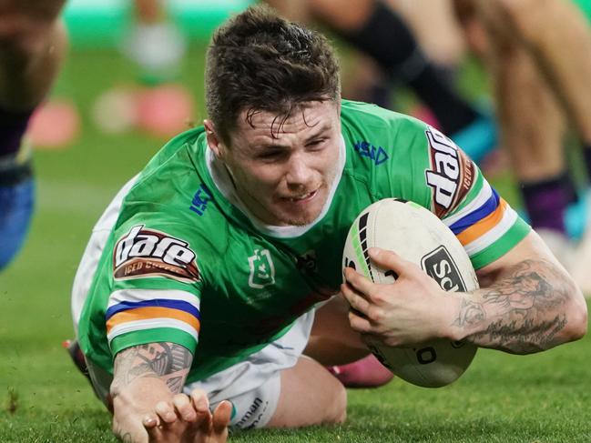 John Bateman of the Raiders scores a try during the NRL Second Qualifying match between the Melbourne Storm and the Canberra Raiders at AAMI Park in Melbourne, Saturday, September 14, 2019. (AAP Image/Michael Dodge) NO ARCHIVING, EDITORIAL USE ONLY