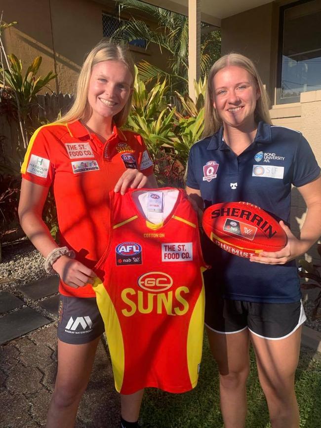 Annise Bradfield (right) was surprised with her draft selection by teammate Serene Watson (left). Pic: Supplied.