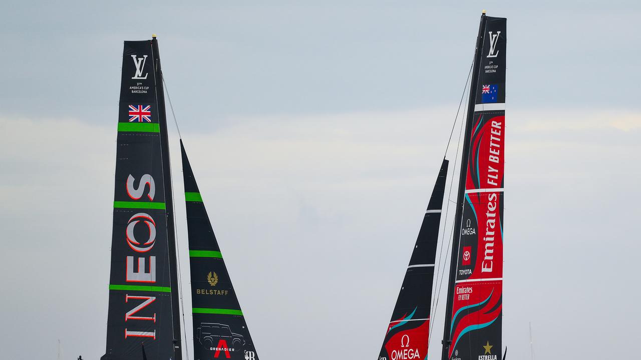 BARCELONA, SPAIN - OCTOBER 12: Crews of both teams compete during race 1 during the 37th America's Cup race between Emirates Team New Zealand and Team Ineos Britannia on October 12, 2024 in Barcelona, Spain. (Photo by David Ramos/Getty Images)