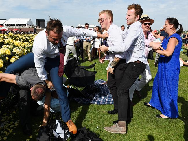 A fight breaks out at the Melbourne Cup. Picture: Jake Nowakowski