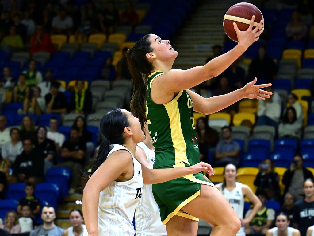Alexandra Fowler drives to the basket for the Opals. Picture: Getty Images