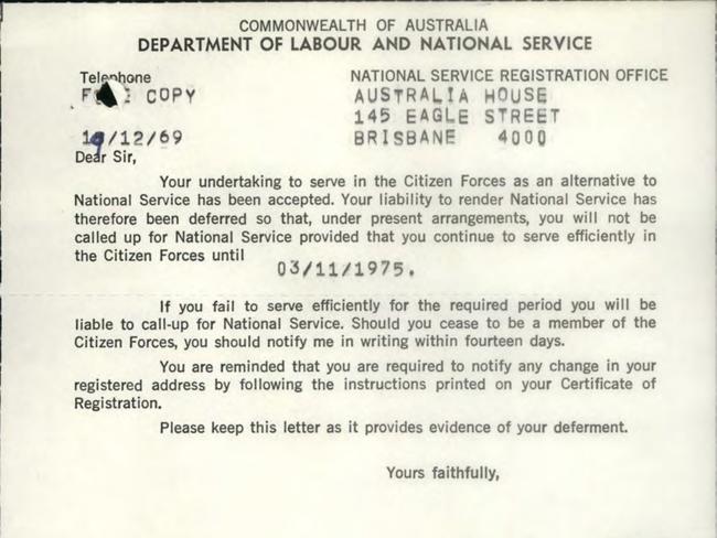 A letter addressed to Fraser Anning acknowledging his registration in the Citizen Forces. Picture: Supplied