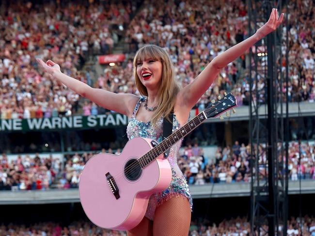 MELBOURNE, AUSTRALIA - FEBRUARY 16: EDITORIAL USE ONLY. NO BOOK COVERS Taylor Swift performs at Melbourne Cricket Ground on February 16, 2024 in Melbourne, Australia. (Photo by Graham Denholm/TAS24/Getty Images for TAS Rights Management)Photo - GettyEscape 3 March 2024eds letter