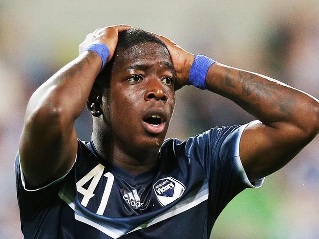 MELBOURNE, AUSTRALIA - MARCH 13:  Leroy George of the Victory reacts after missing a goal during the AFC Asian Champions League match between the Melbourne Victory and Kawasaki Frontale at AAMI Park on March 13, 2018 in Melbourne, Australia.  (Photo by Michael Dodge/Getty Images)