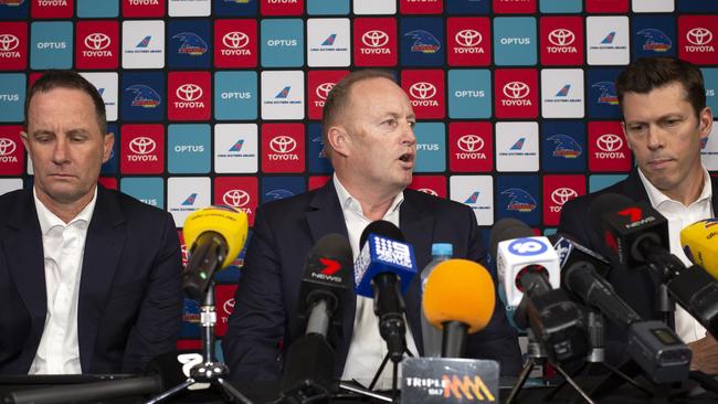 Crows Coach Don Pyke, Chairman Rob Chapman and CEO Andrew Fagan talk to media at a press conference at Adelaide Crows HQ in West Lakes about Don Pyke's decision to step down as Senior Coach of the Adelaide Football Club. (AAP/Emma Brasier)