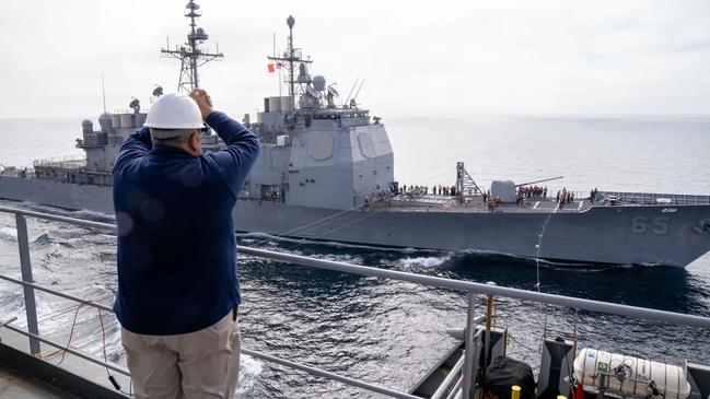 Secretary of the Navy Carlos Del Toro aboard the USNS Washington Chambers during a demonstration of the Transferrable Reload At-sea Method. Picture: US Navy