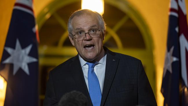 Prime Minister Scott Morrison holds a press conference after the National Cabinet meeting at The Lodge. Picture: NCA NewsWire / Martin Ollman