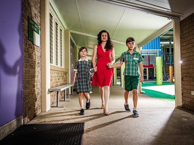 Gold Coast mum-of-two Joanne Rahn with seven-year-old daughter Valentina and nine-year-old son Andreas ahead of back-to-school next week. Story is about anxiety.Picture: Nigel Hallett