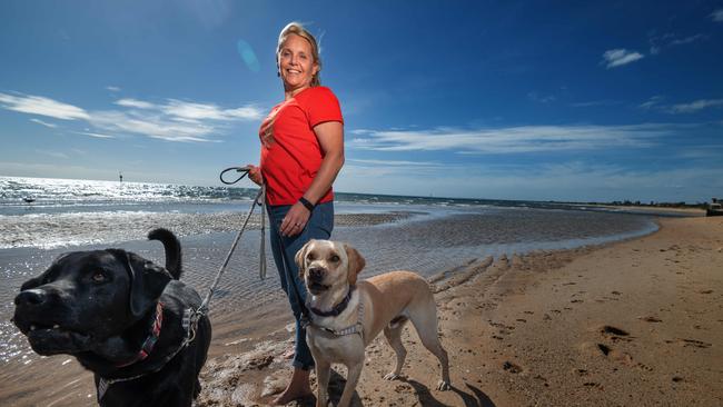 Labor candidate Peta Murphy for the seat of Dunkley in Frankston takes her dogs for a walk. Picture: Tony Gough