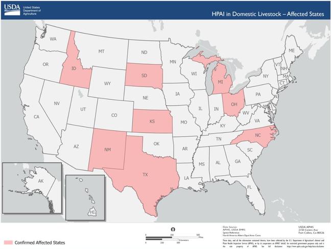 33 herds across eight US states (shaded pink) have been infected with avian influenza.