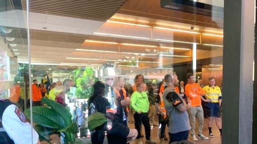 CFMEU protesters enter the TMR building Mary St, Brisbane on Tuesday August 23. Picture: Supplied