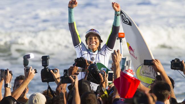 Sally Fitzgibbons after beating Carissa Moore for the 2014 title in Rio.