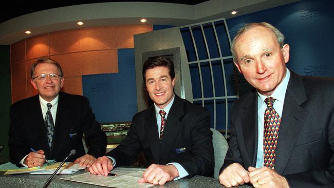 Graham McNeice (left) with Darren Beadman and John Tapp in the Sky Racing studio in 1999. Picture: Roy Haverkamp