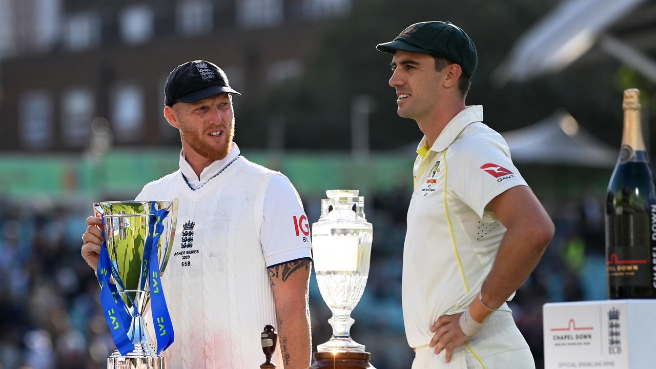 Ben Stokes and Pat Cummins after the 2023 drawn Ashes series in England. (Photo by Stu Forster/Getty Images)