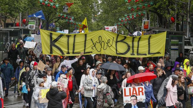 Protesters rallying through the streets. Picture: Daniel Pockett