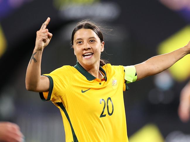 Sam Kerr will lead the Matildas into battle on Monday. Picture: Mark Kolbe/Getty Images.