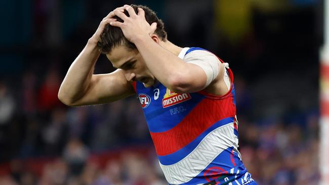 MELBOURNE, AUSTRALIA – MAY 23: Riley Garcia of the Bulldogs rues a missed shot on goal during the 2024 AFL Round 11 match between the Western Bulldogs and the Sydney Swans at Marvel Stadium on May 23, 2024 in Melbourne, Australia. (Photo by Michael Willson/AFL Photos via Getty Images)