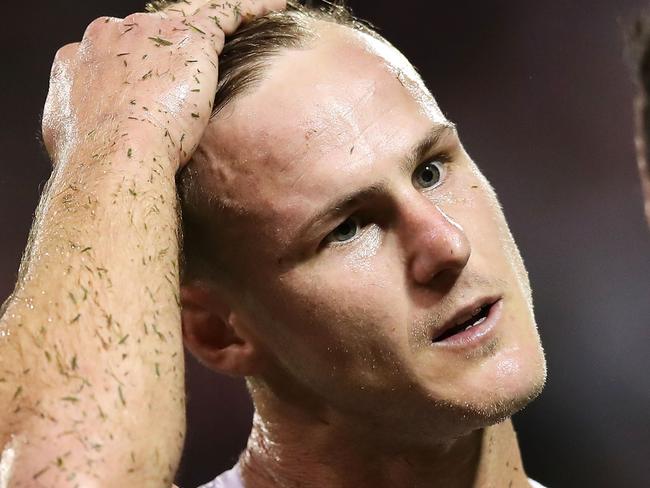 WOLLONGONG, AUSTRALIA - APRIL 20: Daly Cherry-Evans of the Sea Eagles shows his frustration as he speaks to referee Dave Munro during the round 6 NRL match between the Dragons and the Sea Eagles at WIN Stadium on April 20, 2019 in Wollongong, Australia. (Photo by Mark Kolbe/Getty Images)