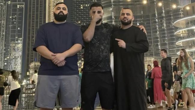 Kickboxer Salim Aschna has become the latest figure with ties to Melbourne’s underworld to relocate to the Middle East. (L-R) Khalil Popal, Idress Kheyali, Salim Aschna in Dubai.