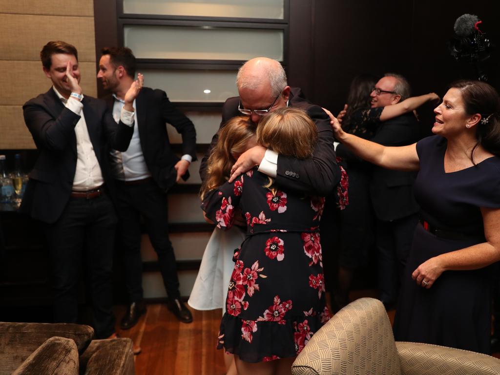 Scott Morrison hugs his children as his wife Jenny watches on after winning the 2019 election. Picture: Adam Taylor Supplied by the Prime Minister's Office