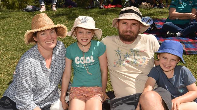 Game three of Dettol ODI series between Australia and Zimbabwe at Riverway Stadium. Kristy and Chris Bailey with Larua, 9, and Flynn, 6. Picture: Evan Morgan